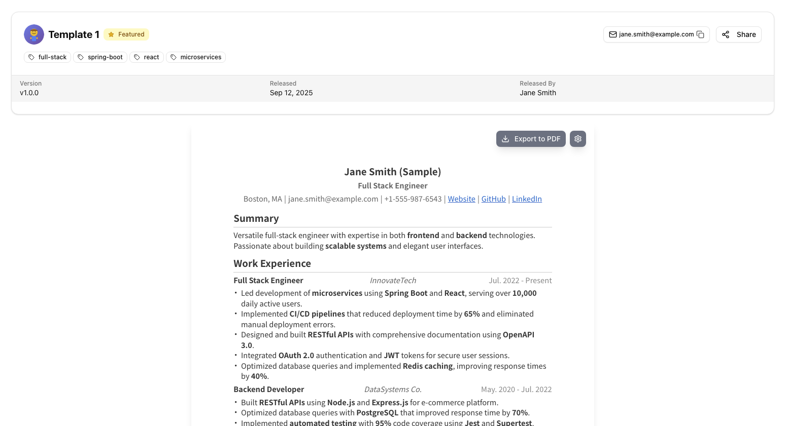 Public Resume Sharing Example