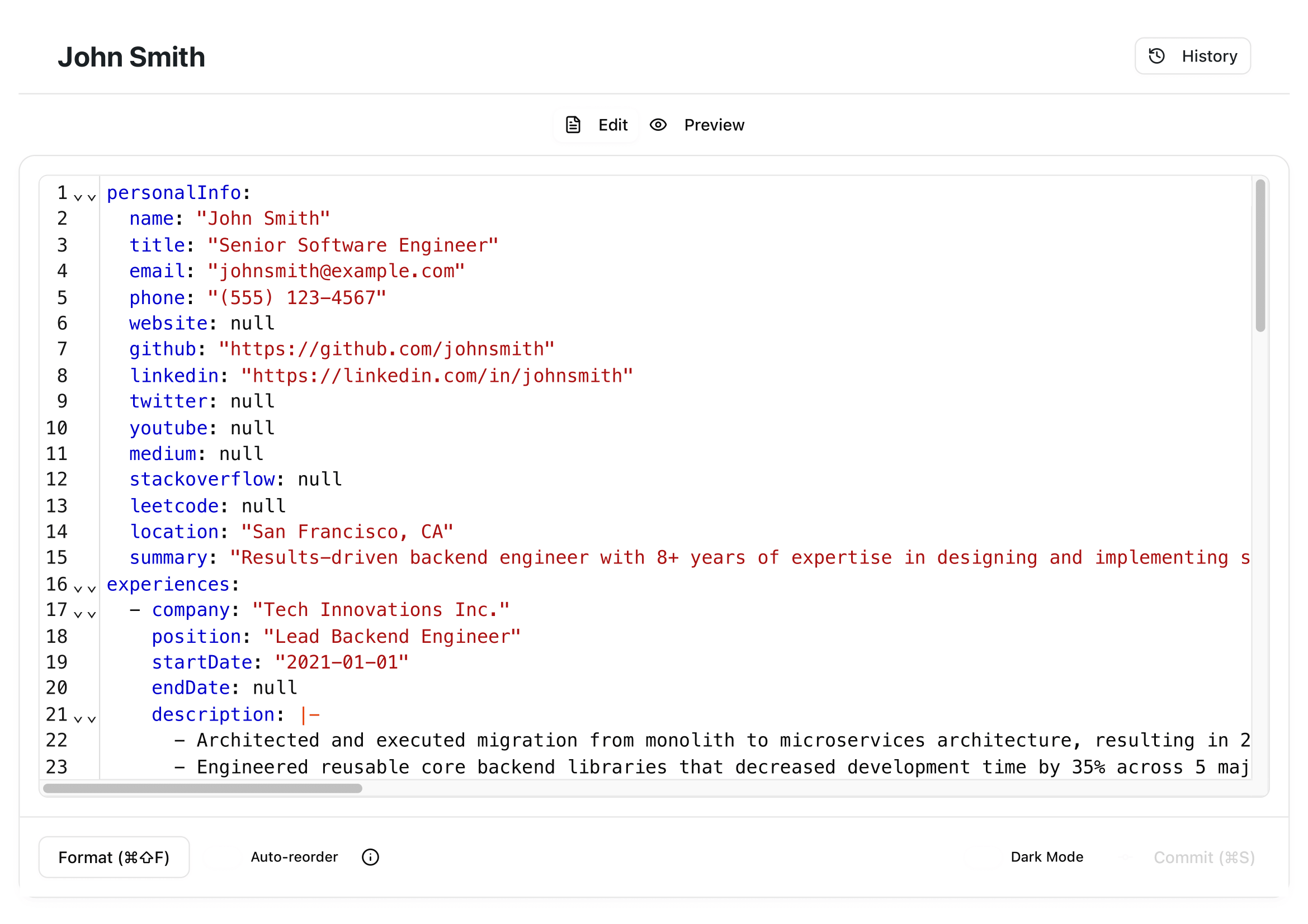 Resume as Code with CodeMirror Editor